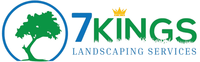 A logo for 7 kings landscaping services with a tree and a crown